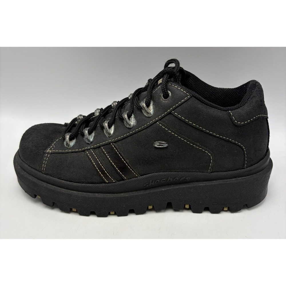 Skechers Jammers Black Leather Platform Chunky Shoes Women 9.5 Lug Sole Y2K Read